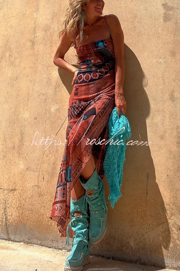Printed Cowl Neck Lace-Back Midi Dress – Loose Fit