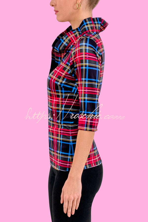 Holiday Plaid Ruffle Stand Neck Blouse – Loose Fit