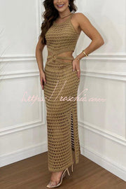 Knit Texture Side Cutout Sleeveless Stretch Maxi Dress