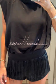 Sleeveless Stand Collar Top & Fringed Shorts Set – Vacation Wear