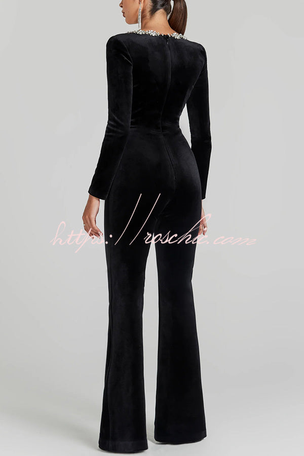Black Velvet Jumpsuit with Jeweled Trim and Flared Pants