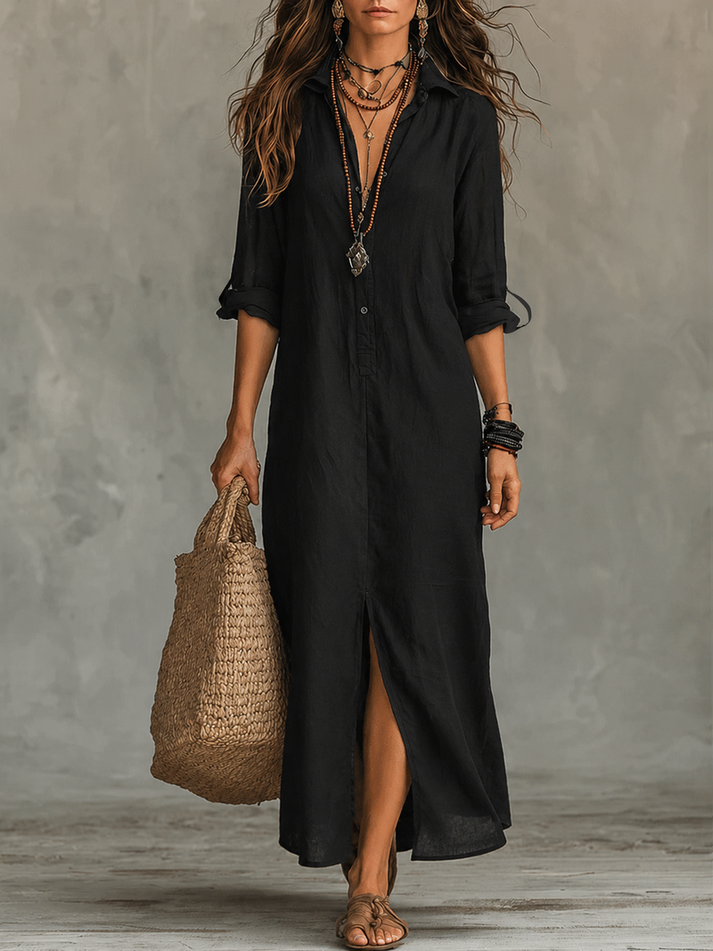 Black Bohemian Button-Front Maxi Dress