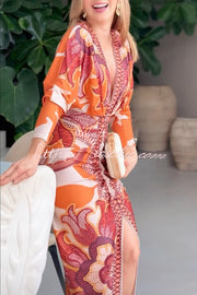 Printed Dolman Sleeve Ruched Midi Dress with Side Slit