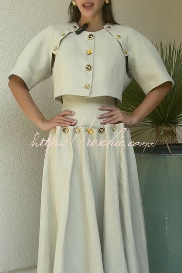 Linen Blend Maxi Skirt with Metal Button & Lace-Up Waist