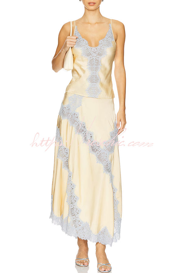 Satin Lace Trim High-Waist Midi Skirt with Irregular Hem