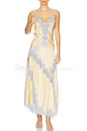 Satin Lace Trim High-Waist Midi Skirt with Irregular Hem