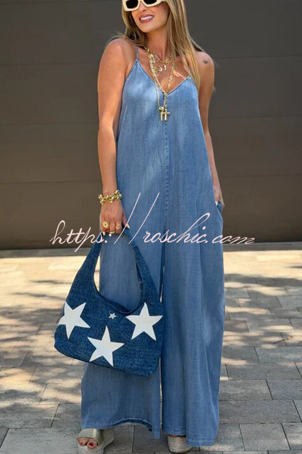 Denim Wide Leg Jumpsuit with Crisscross Back Straps