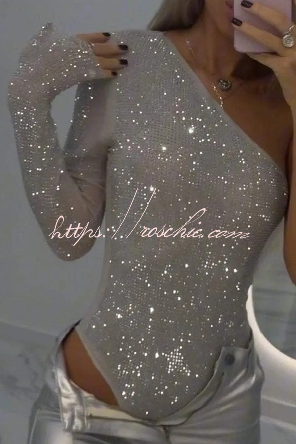 Sequined One-Shoulder Slim-Fit Romper for Party Wear