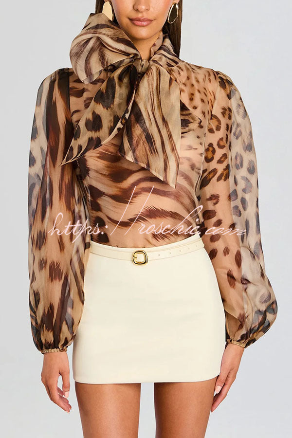 Semi-Sheer Silk Animal Print Bow Neck Balloon Sleeve Blouse