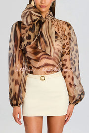 Semi-Sheer Silk Animal Print Bow Neck Balloon Sleeve Blouse