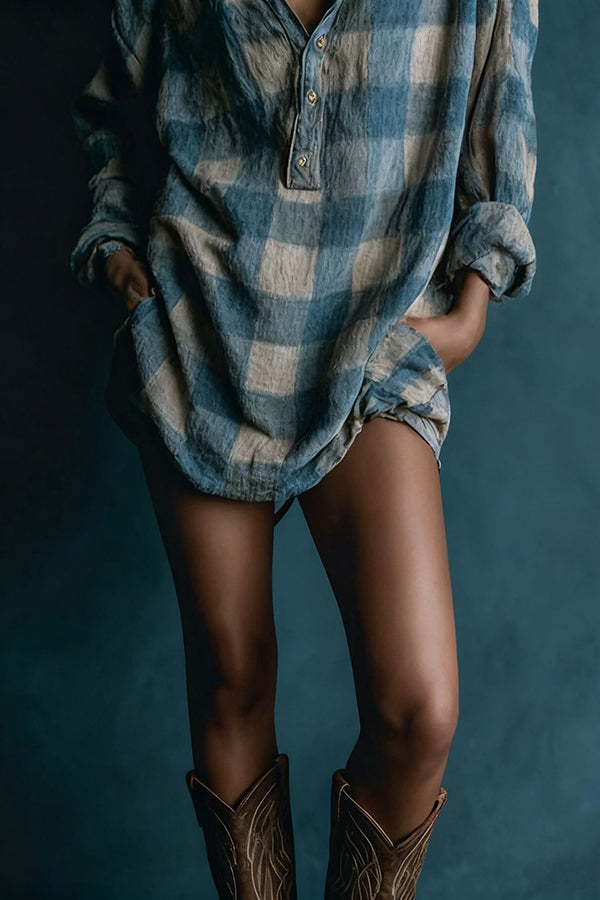 Plaid Print Loose Long Sleeve Mini Dress