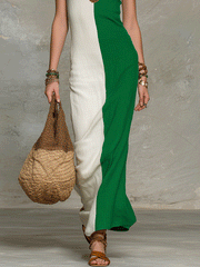 Green & White Halter Maxi Dress – Boho Slim Silhouette