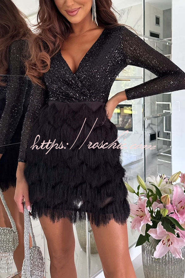 Sequin Fringe Mini Dress with Tiered Patchwork Detail