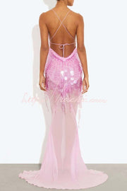 Sequin Embroidered Backless Slip Maxi Dress with Tulle Hem