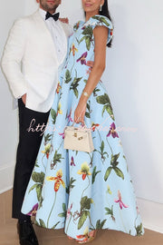 Floral Print V-Neck Short Sleeve Umbrella Hem Maxi Dress