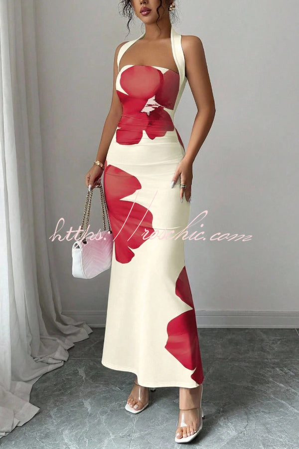 Floral Print Halter Neck Backless Maxi Dress