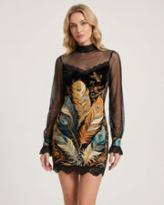 Lace-Trim Printed Mesh Mini Dress