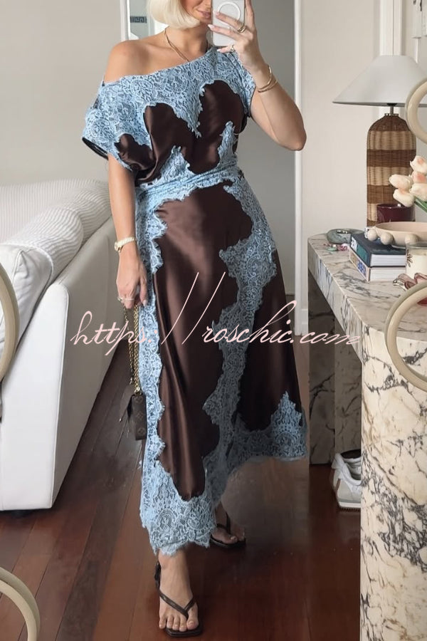Satin Lace Patchwork Asymmetrical Maxi Dress