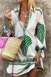 Printed Tunic Mini Dress – Long Sleeve Shirt Collar