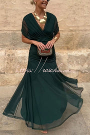 Printed V-Neck Waisted Mesh Maxi Dress for Vacation