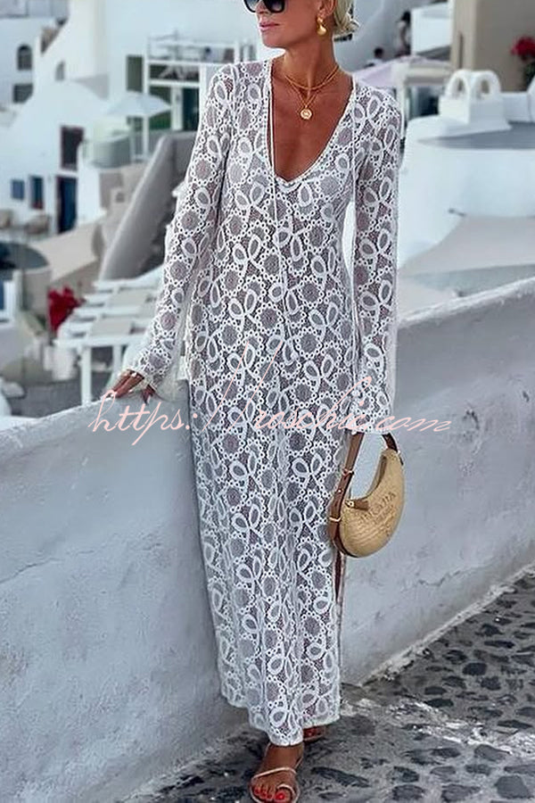 Floral Lace Long Sleeve Maxi Dress with Slit