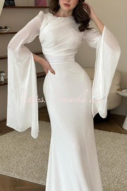 Ruched Organza Satin Patchwork Maxi Dress with Bell Sleeves