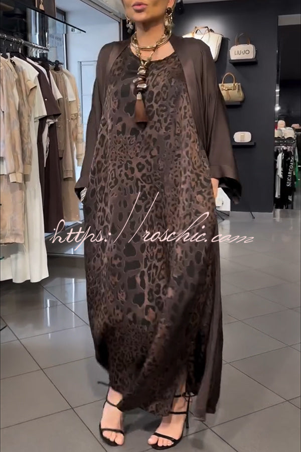 Satin Leopard Print Maxi Dress & Batwing Kimono Two-Piece Set