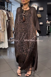 Satin Leopard Print Maxi Dress & Batwing Kimono Two-Piece Set