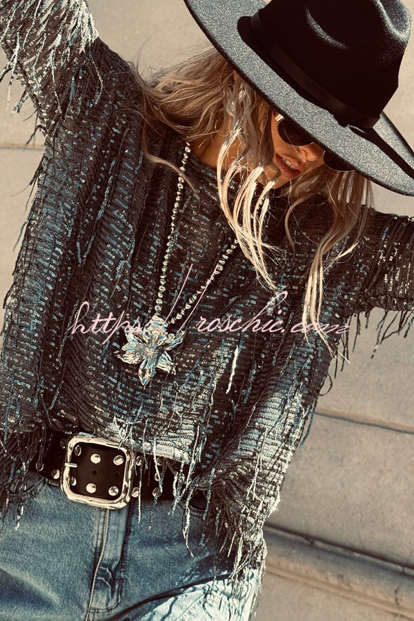 Sequin Tassel Long Sleeve Loose Party Top