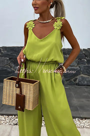 Embroidered Flower Sleeveless Jumpsuit – Loose V-Neck