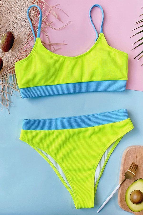 Purple Rib-Knit High-Waisted Padded Tankini Top