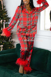 Christmas Printed Feather Trim Pajama Set with Pockets