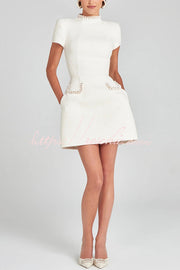 Tweed Pearl Trim Mini Dress with Pockets & Cap Sleeves