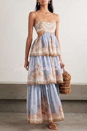 Robe longue imprimée à lacets et découpes à plusieurs niveaux pour les vacances