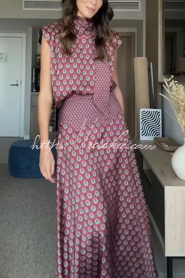 Satin High Neck Short Sleeve Top and High Rise Maxi Skirt Set