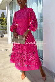 Crochet Lace Lantern Sleeve Midi Dress for Parties
