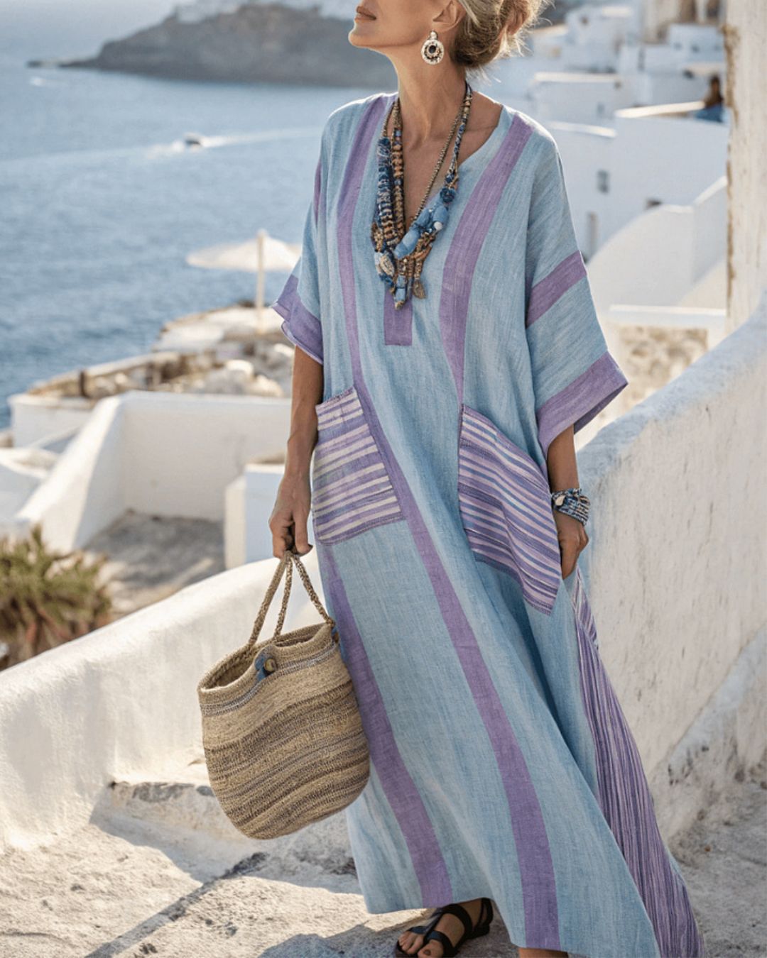 V-Neck Kaftan Maxi Dress with Pink Stripe & Green Trim