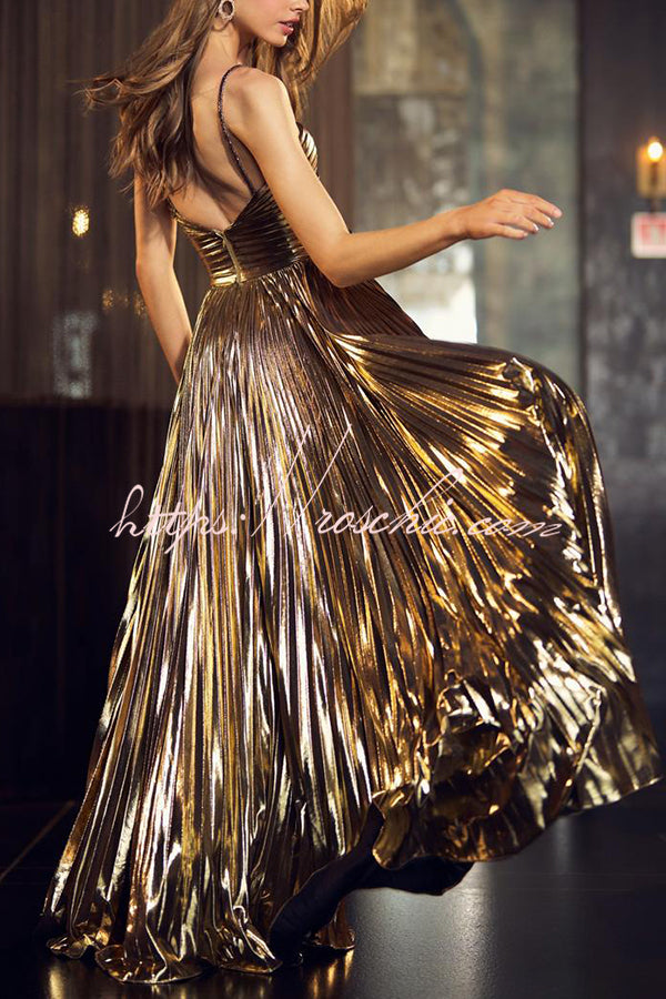 Metallic Fabric Cross-Neck Cutout Slit Pleated Maxi Dress