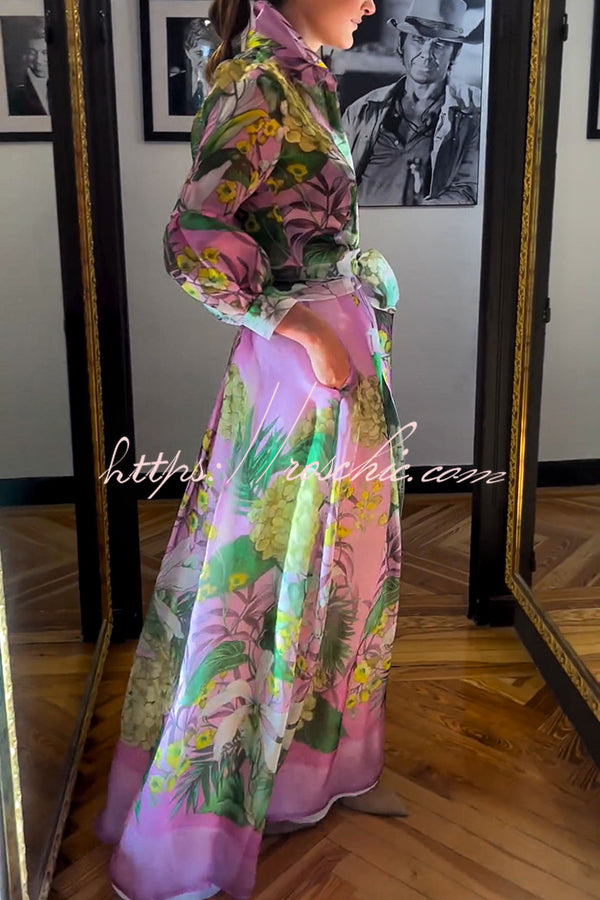 Tulle Floral Print Maxi Skirt with Elastic Waist and Pockets