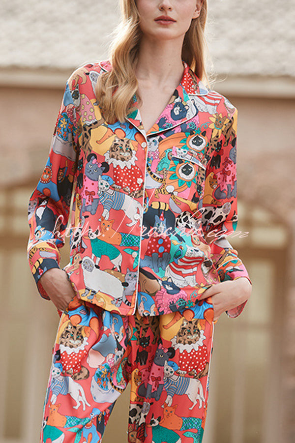 Cat Print Long Sleeve Two-Piece Set – Casual Lounge Outfit