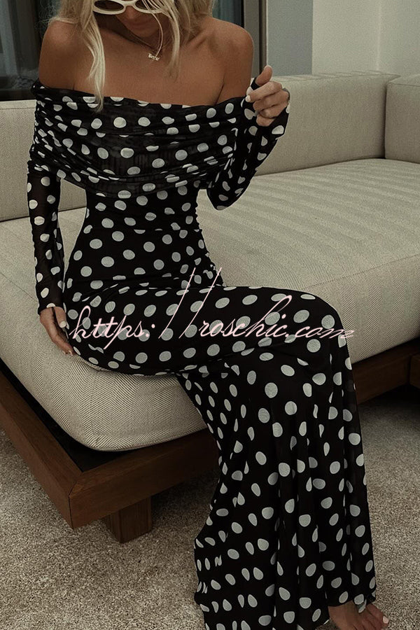Polka Dot Off Shoulder Ruched Maxi Dress – Slim Fit