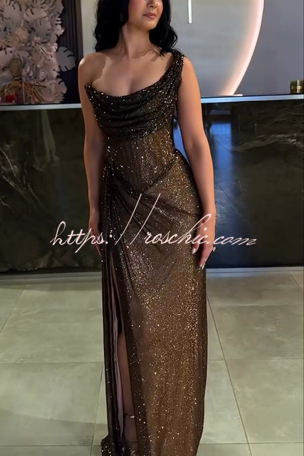 Sequin One Shoulder Ruched Maxi Dress with Slit