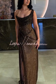 Sequin One Shoulder Ruched Maxi Dress with Slit
