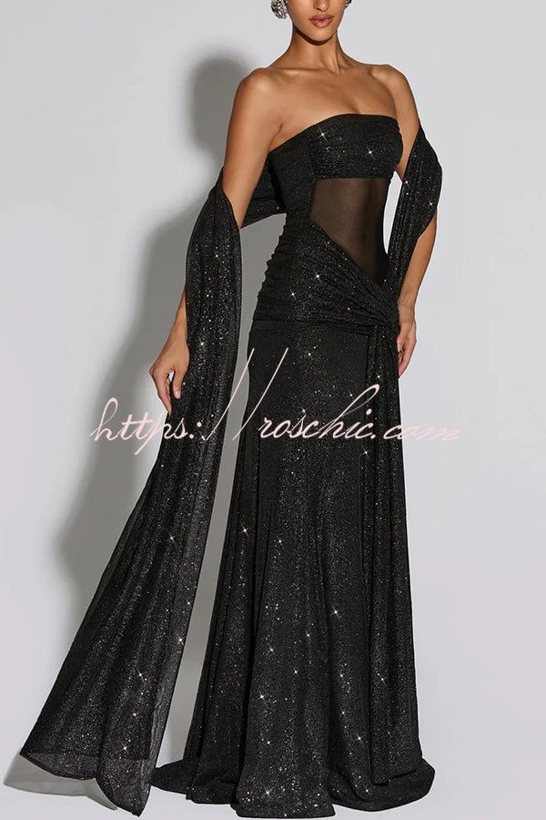Sequined Mesh Off Shoulder Ruched Maxi Dress for Parties