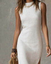 Cotton Linen Midi Dress with Stand Collar and Split Hem
