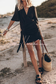 Cotton Linen Blend Knotted Wrap Mini Dress
