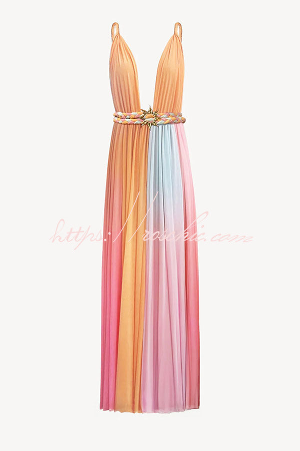 Chiffon Ombré Print Belted Vacation Maxi Dress