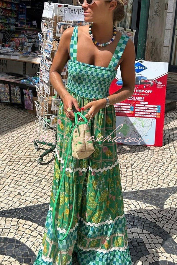 Ric Rac Trim Smocked Bust Lace-Up Maxi Dress