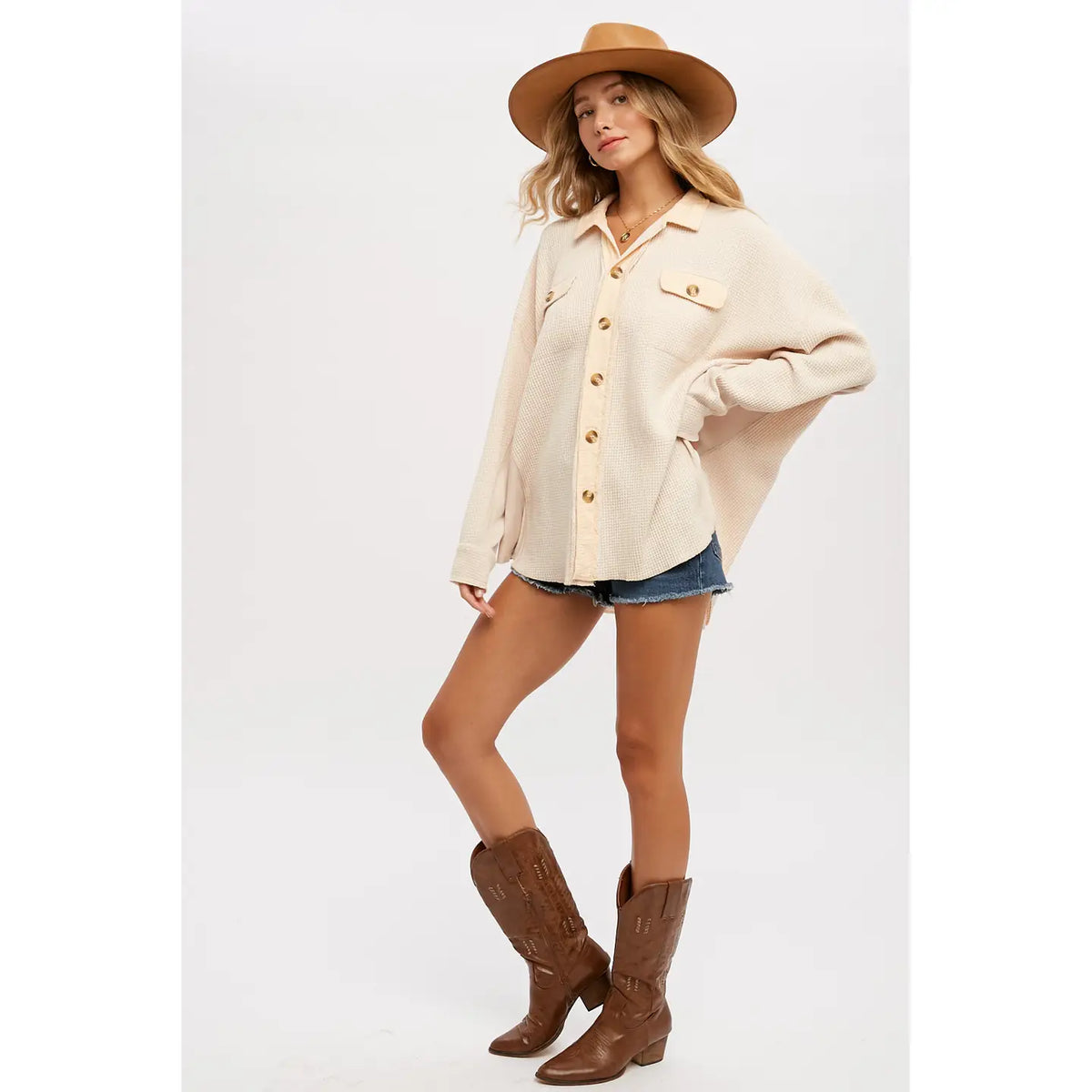 Women's Waffle Knit Shacket Batwing Sleeve Loose Fall Jacket Back to School