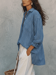 Blue Stripe Long Sleeve Blouse – Relaxed Bohemian Fit